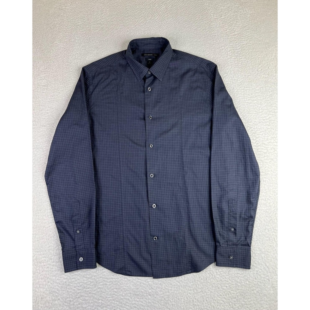 John Varvatos Dress Shirt Mens Medium Blue Check Luxe Regular Fit Long Sleeve